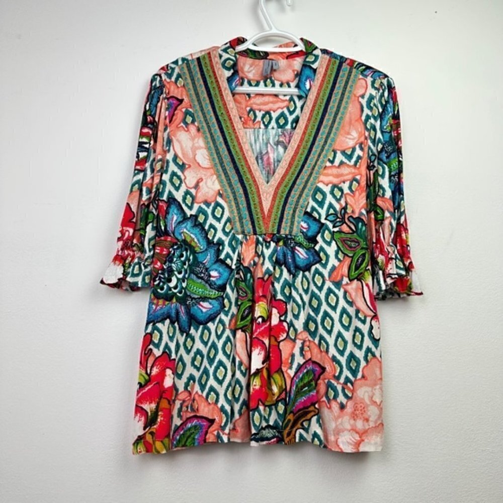 Floral Argyle Pattern Boho Tunic V-neck Blouse Small